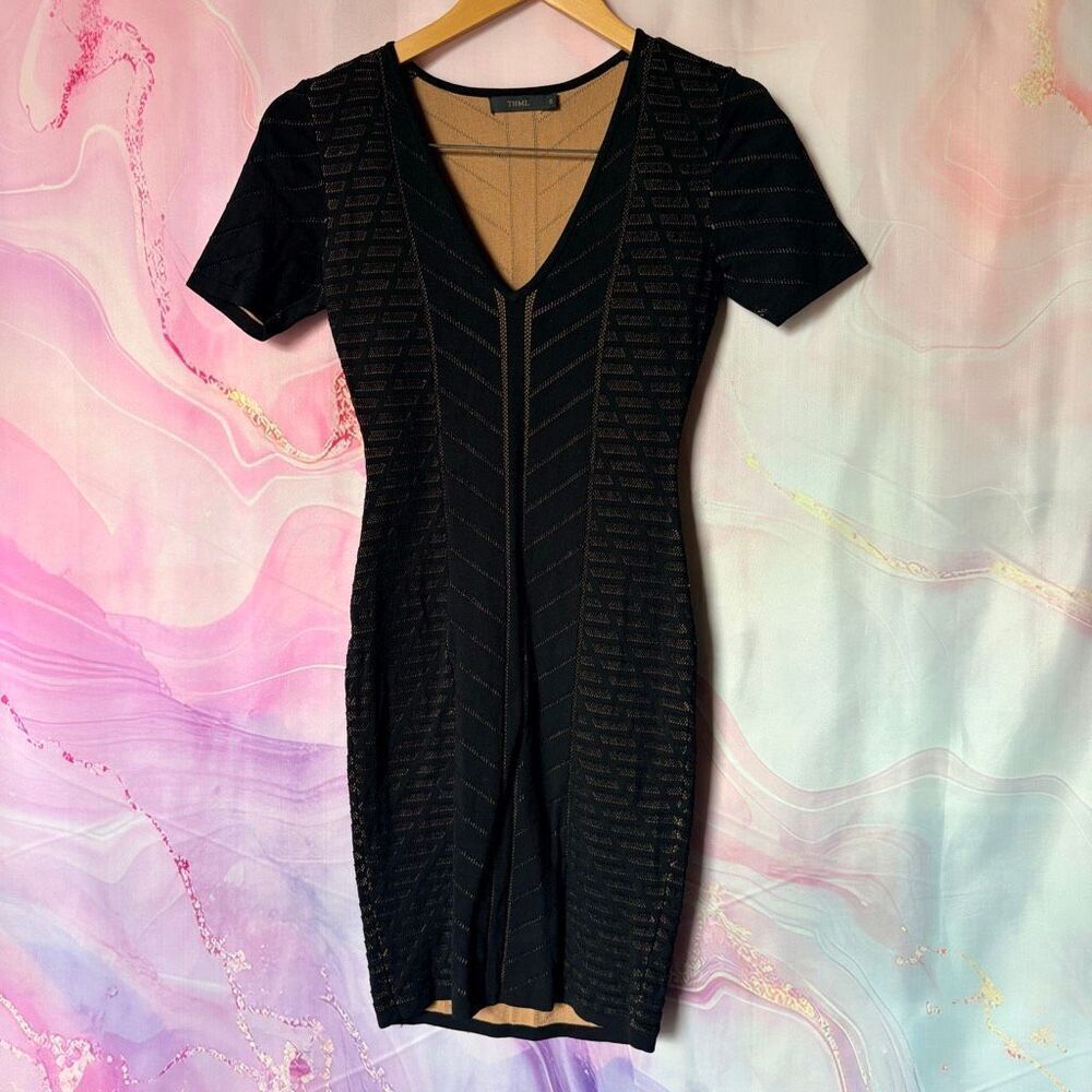 THML S Black Tan Bodycon Dress Minimalist Romantic Sexy Feminine Miami Chic